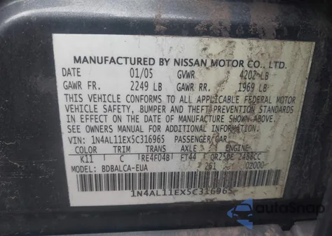 2005 Nissan Altima 2.5 S z USA, uszkodzony, nr VIN 1N4AL11EX5C316965